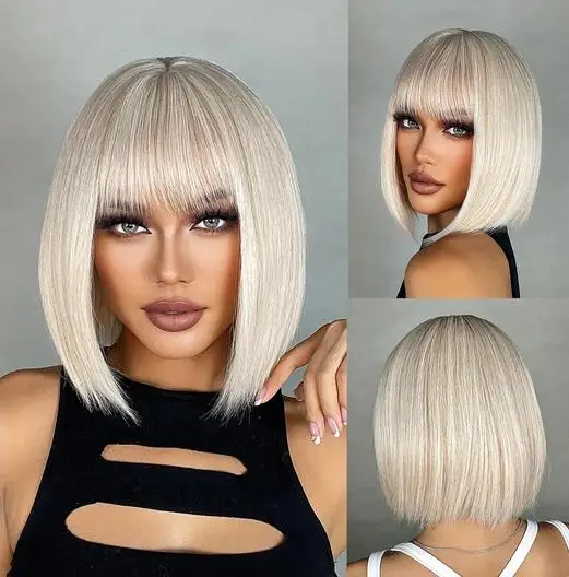 

Platinum Short Bob Synthetic Wigs Natural Straight Wigs With Bangs Cosplay Party Hair Wig for Women HighTemperature Fiber