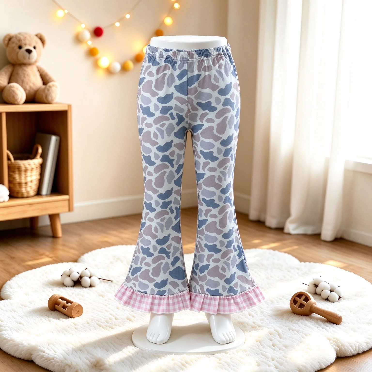 Wholesale Baby Girl Grey Camo Trousers Children Clothes Kids Infant Plaid Ruffle Bell Pants Bottoms Girls Toddler Clothing