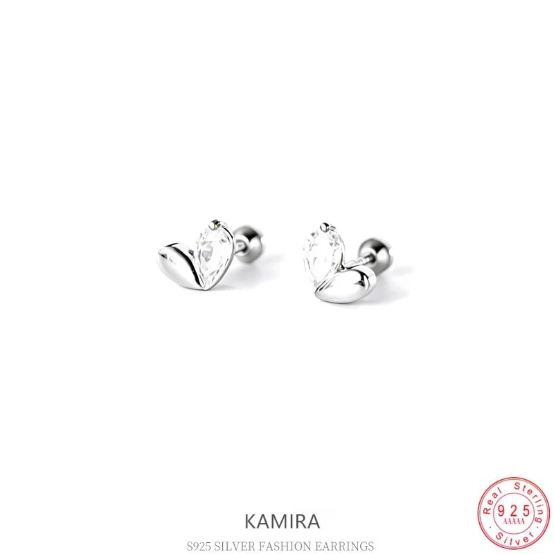 KAMIRA 925 Sterling Silver Gold Plated Heart Stud Earrings CZ Inlaid Split Heart Screw Back Earrings Dainty Daily Wear Jewelry