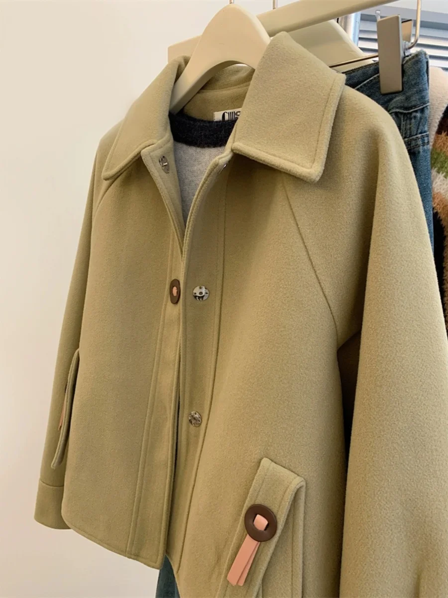 معطف صوفي كوري أنيق مضاد للشيخوخة متعدد الاستخدامات بياقة للنساء، معطف خريفي وشتوي ناعم وفضفاض بمقاسات كبيرة