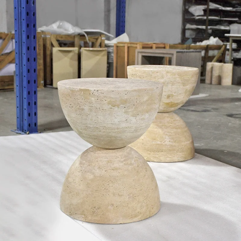 Natural Texture Hand-polished Travertine Side Coffee Table, Modern Style Living Room Bedroom Hotel High-end Home Furniture