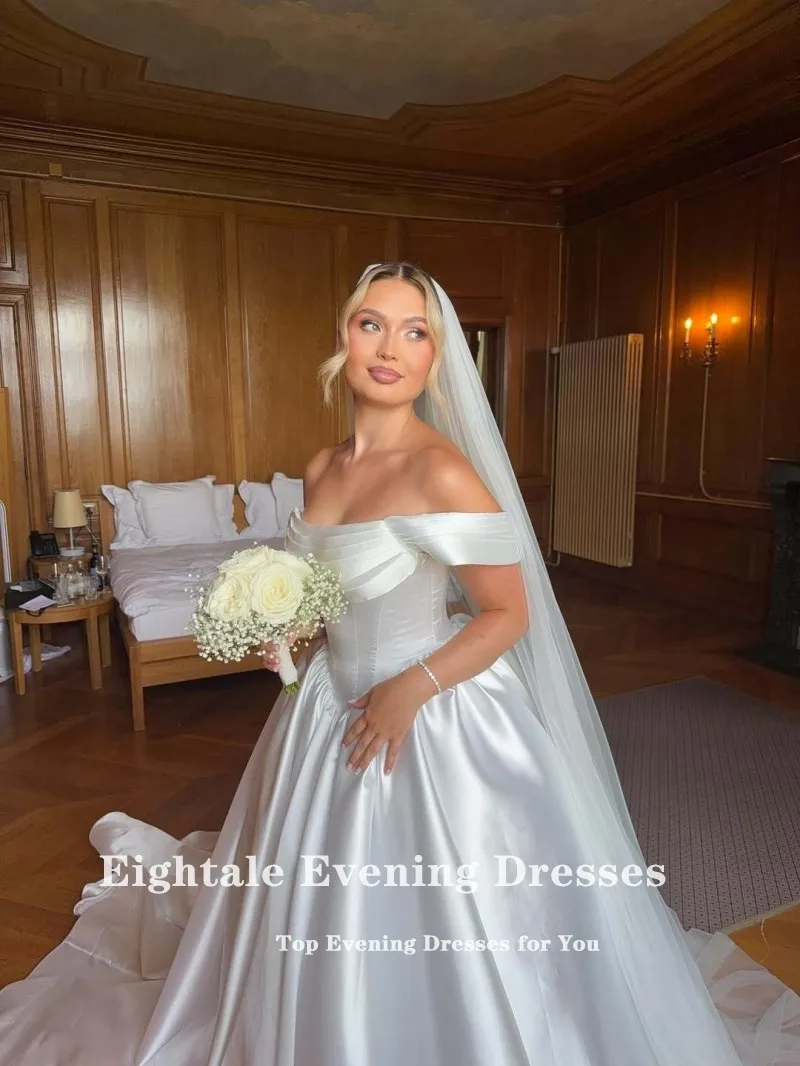 Eightale アラビアウェディングドレス プリーツ スクープオフショルダー カスタマイズされたホワイト アイボリー イスラム教徒のブライダルドレス Aライン 花嫁パーティードレス