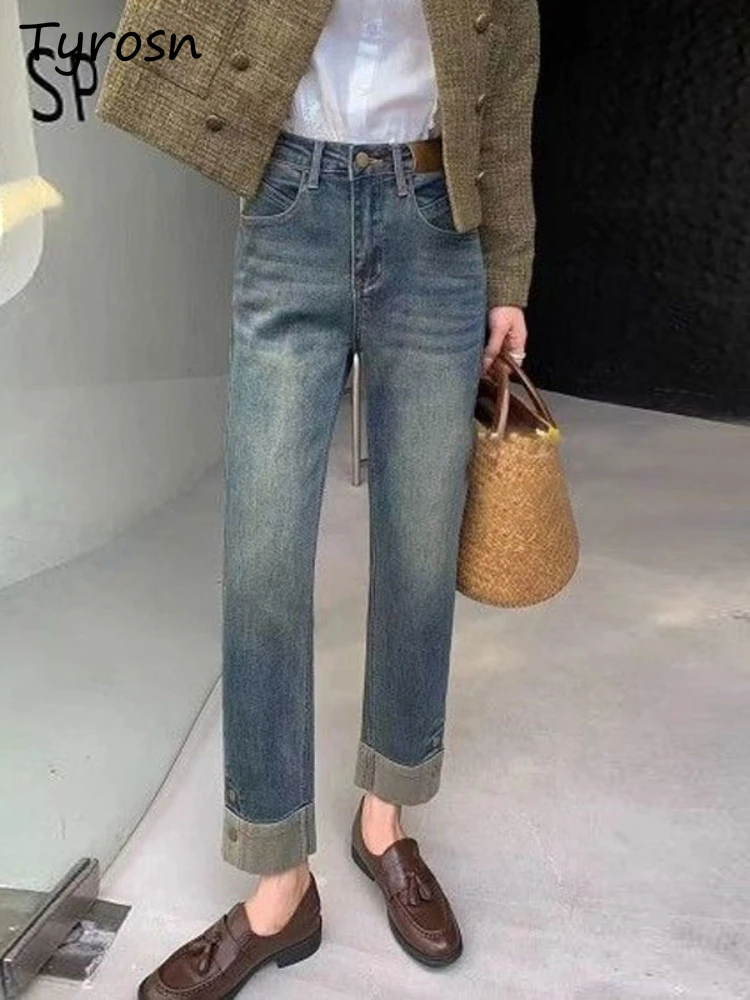 

Jeans Women Vintage Shinny Casual Straight Trousers Washed Design Fashion All-match Gradient Color Chic Streetwear Daily College