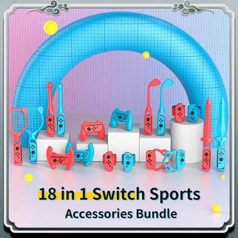 

Premium 18 In 1 Accessories Kit For Nintendo Switch Sports Games, Tennis Rackets, Grips Golf Clubs, Wristbands Leg Strap