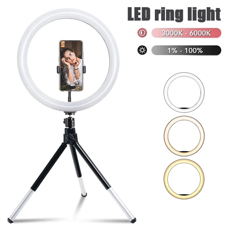 10Inch LED Selfie Ring Light Dimmable Led Photography RingLight With Tripod & Phone Stand for Tiktok Video Live Makeup Fill Lamp