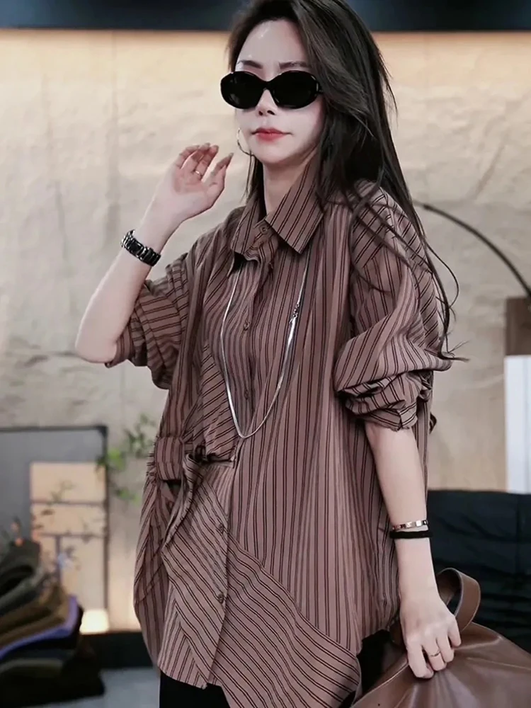 Listrado irregular camisas femininas vintage arco retalhos elegante senhora do escritório blusa outono solto casual manga longa botão feminino topos