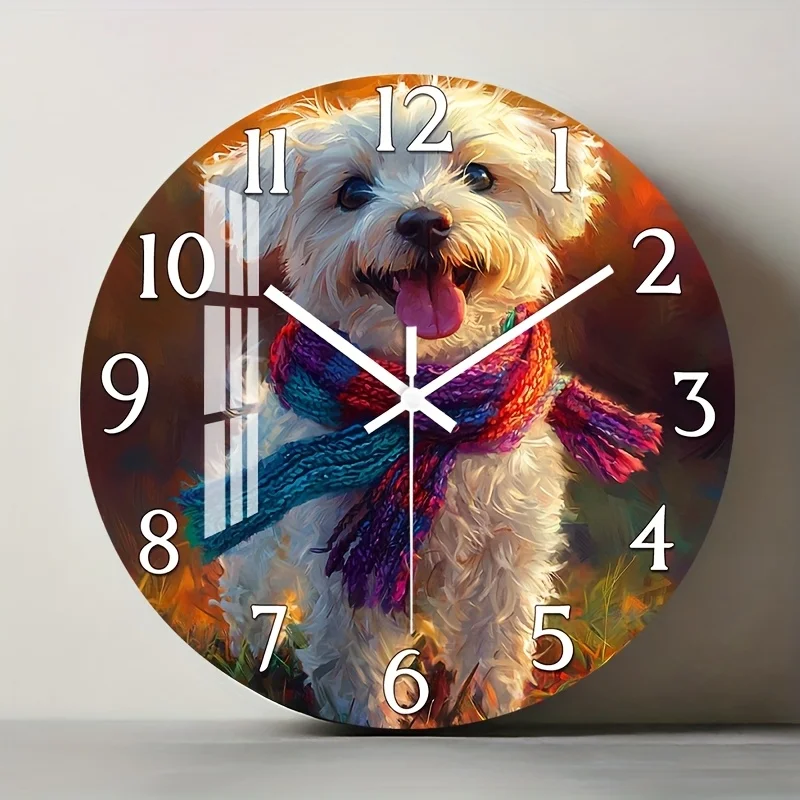 1pc Silent Wall Clock Non-Ticking Wooden, Decorative Circular Clock HD Glossy Lamination Finish Abstract Dog Portrait with Scarf