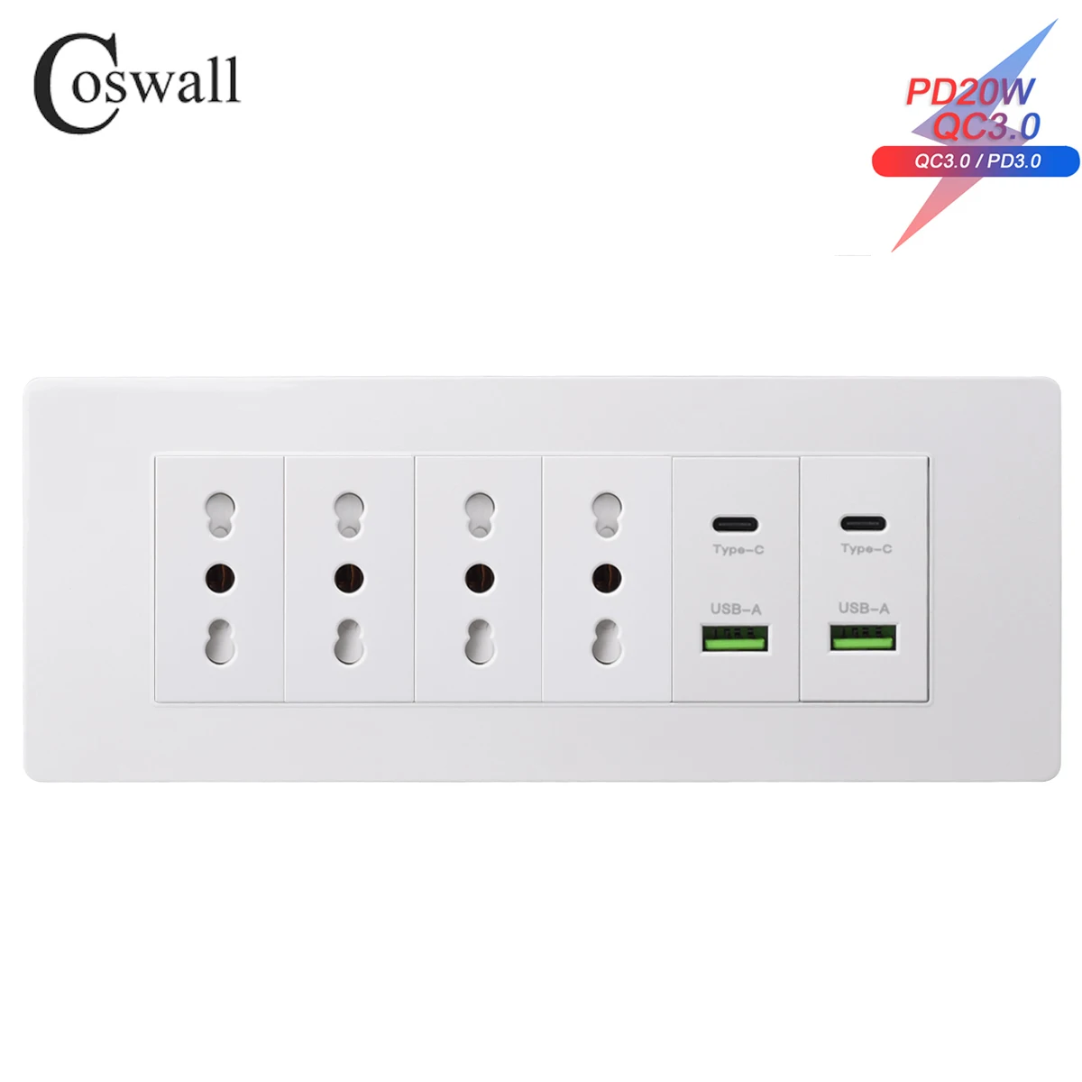 Coswall PC Panel Italian / Chile Standard 16A Wall Power Socket PD 3.0 20W Type-C Dual USB Fast Charging 194*75 mm