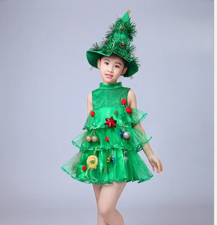 Kids Christmas Tree Costume Green Sleeveless Layered Tulle Dress with Full Accessories Girls Holiday Party Fancy Outfit Xmas