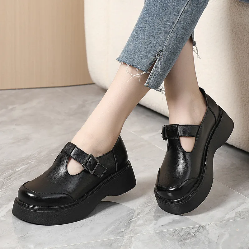 GKTINOO Platform Women Genuine Leather Mary Janes Hook&Loop Buckle Strap Ladies Casual Shoes Handmade Pumps Plus Size 33-43