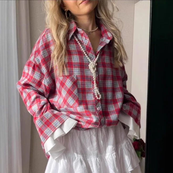 

2026 Vintage Long Sleeve Sweet Shirts Women Korean Casual Blouses Female Streetwear Red Plaid Loose Sunscreen Shirt Lady Tops