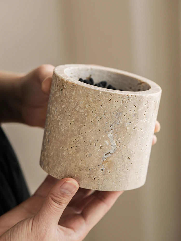 Natural Travertine Stone Cotton Swabs Holder Box Round Marble Salt Sugar Spice Storage Container Jar Makeup Brush Holder