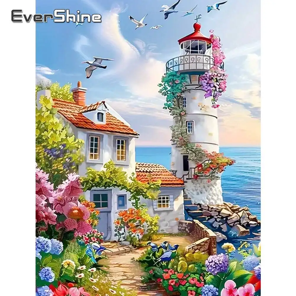 Evershine DIY Diamond Painting Lighthouse House Picture Of Rhinestones Mosaic Seaside Landscape Full Square Round Wall Decor