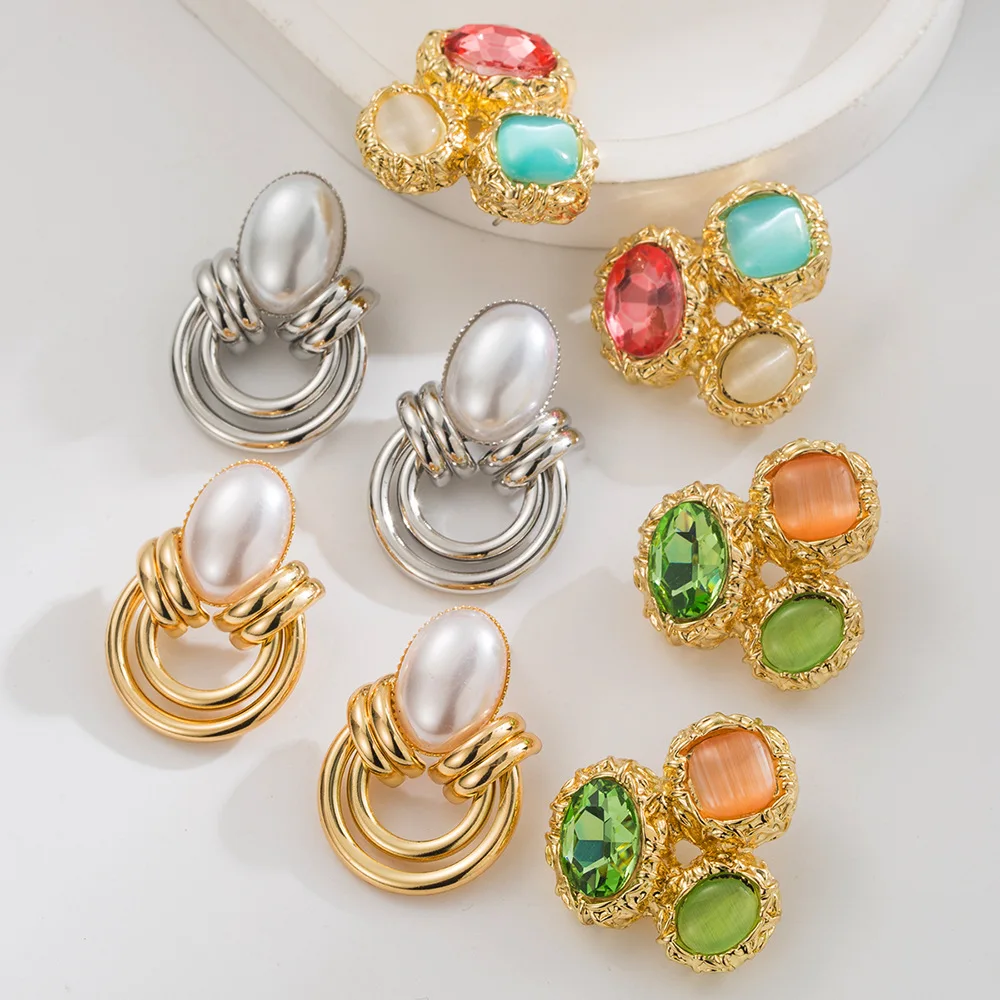 Retro Oval Faux Pearl Hoop Drop Earrings Set Vintage Multi Color Geometric Crystal Statement Cluster Ear Jewelry Accessories