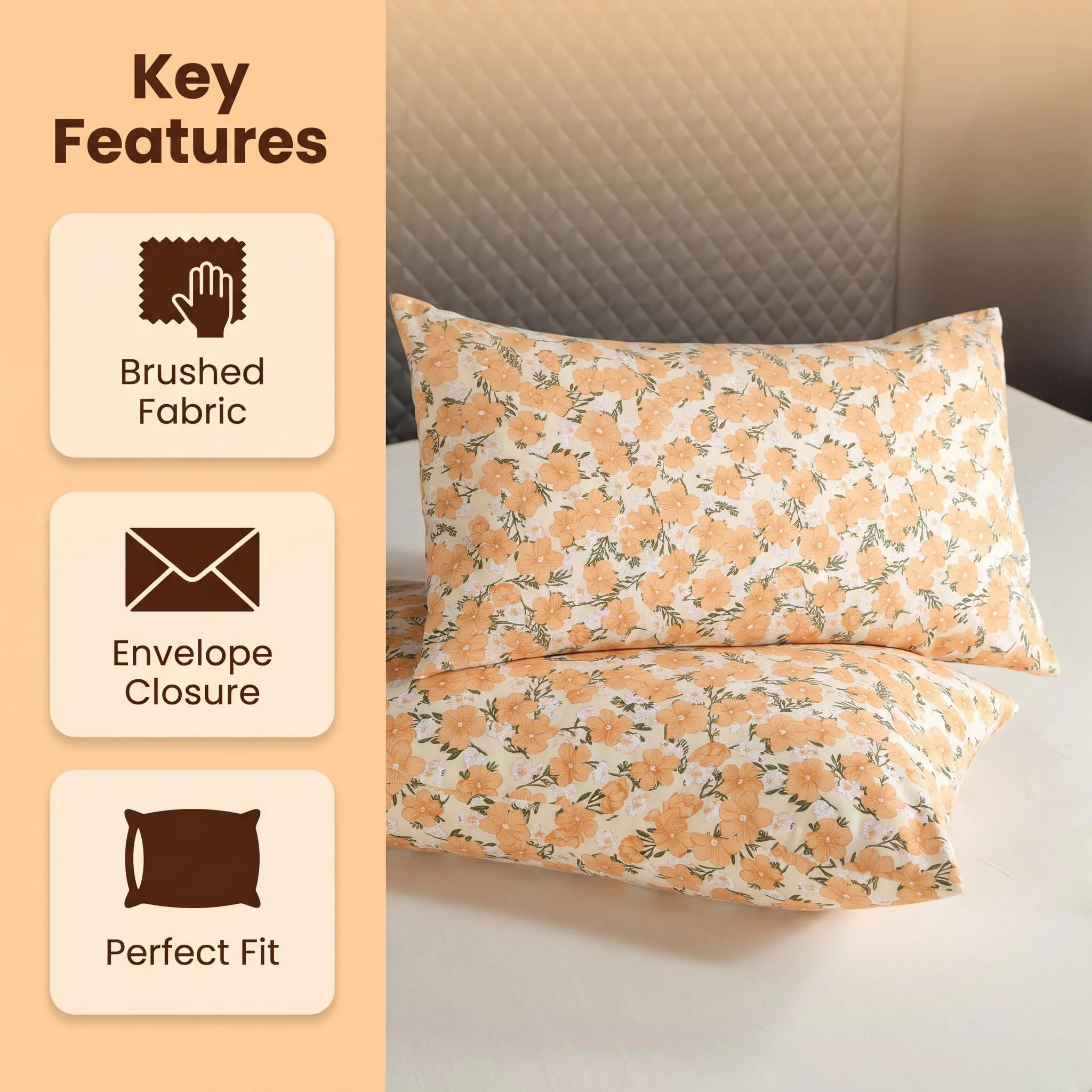 2PC Soft Orange Floral Print Pillowcases Set Machine Washable for Home And Dormitory Fresh Milk Floral Allergy Certified Bedding