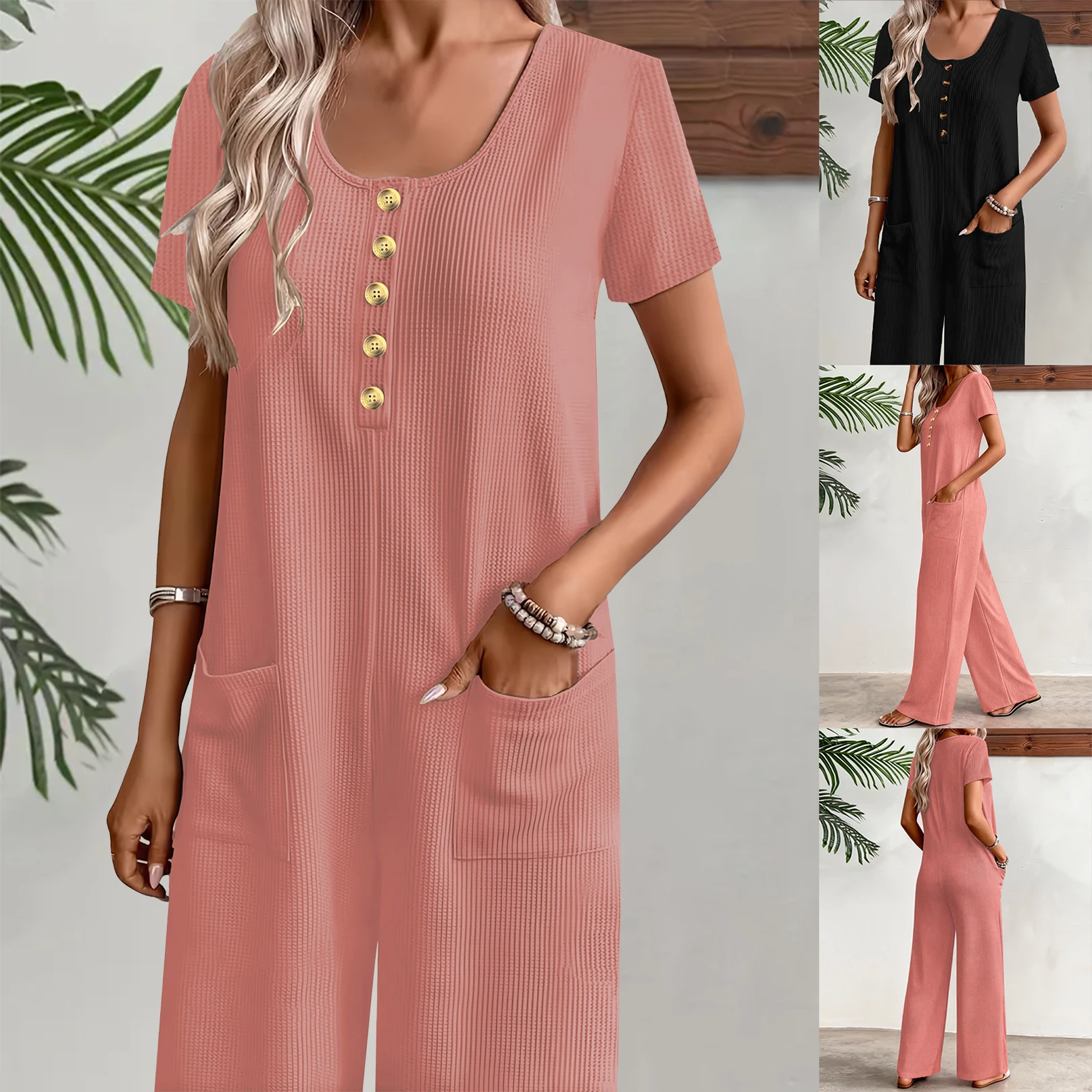 

Women's Elegant Waffle Knit Short Sleeve Jumpsuit with Two Pockets, Round Neck, Breathable & Button Detail