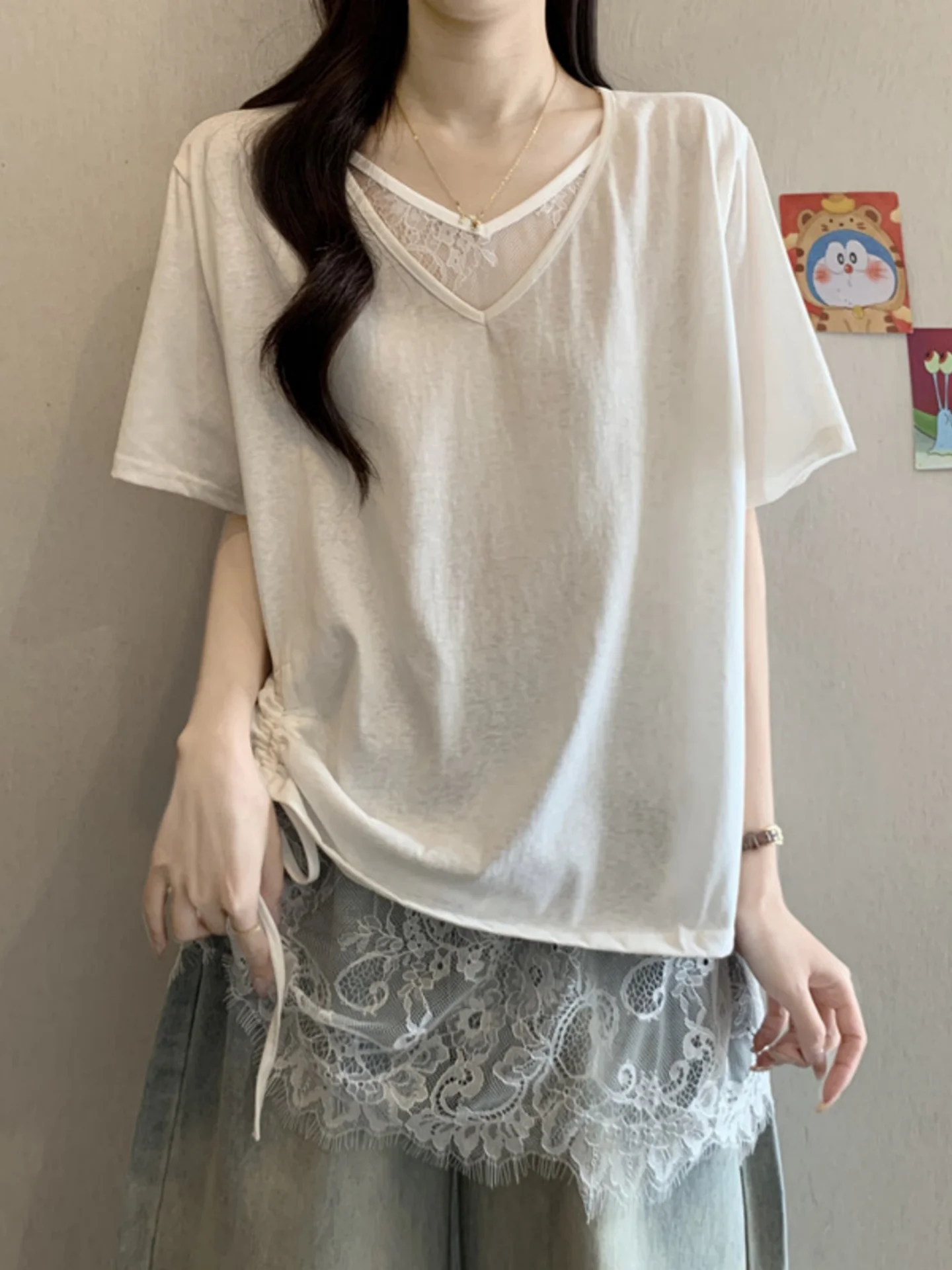 Lace Splice V-Neck Short Sleeve T-Shirt Women's Base Shirt Summer plus Size Cover Butt Mid-Length Casual Commute Style