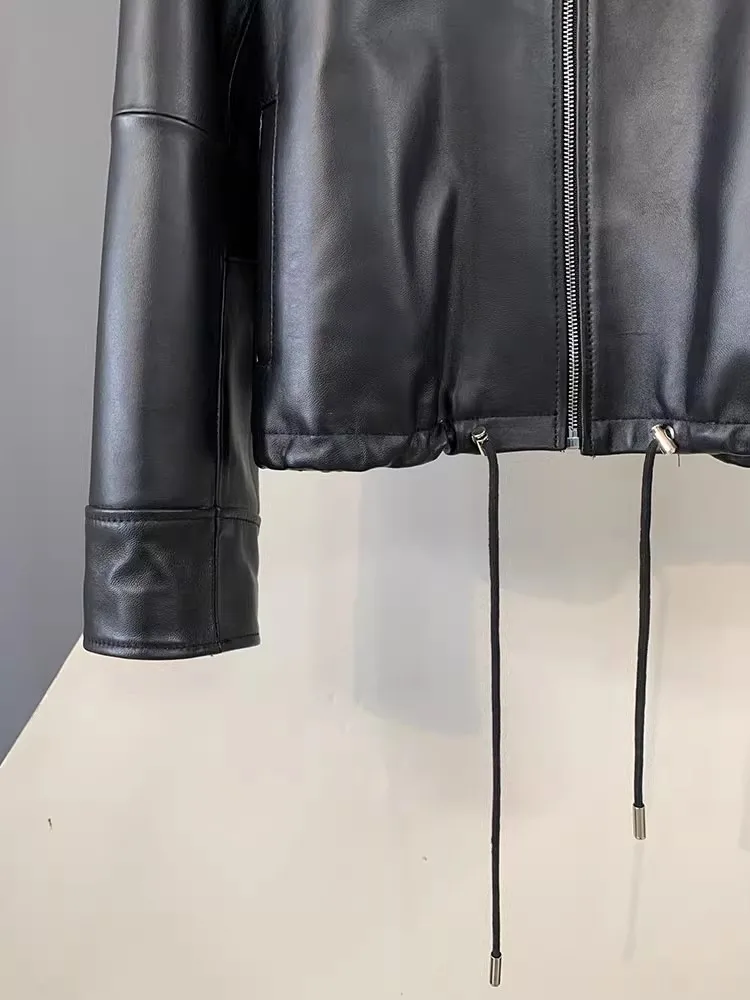 Vendita calda autunnale Giacca femminile in pelle di pecora naturale con coulisse Colletto couverture Cappotto corto Cerniere superiori Capispalla in vera pelle da donna