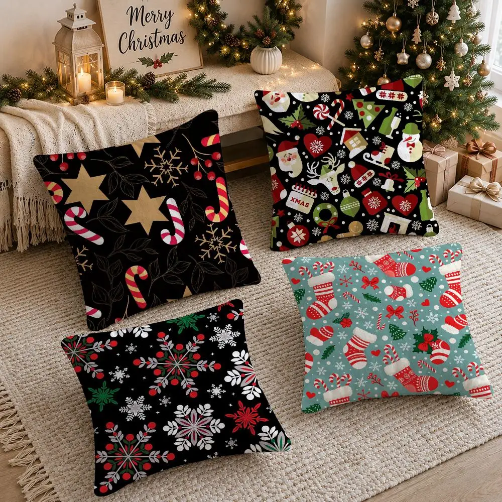 Christmas tree bells snowman Cushion Cover Soft Short Plush Double-Sided Printing Sofa Home Decor Festival Pillow Case Gifts