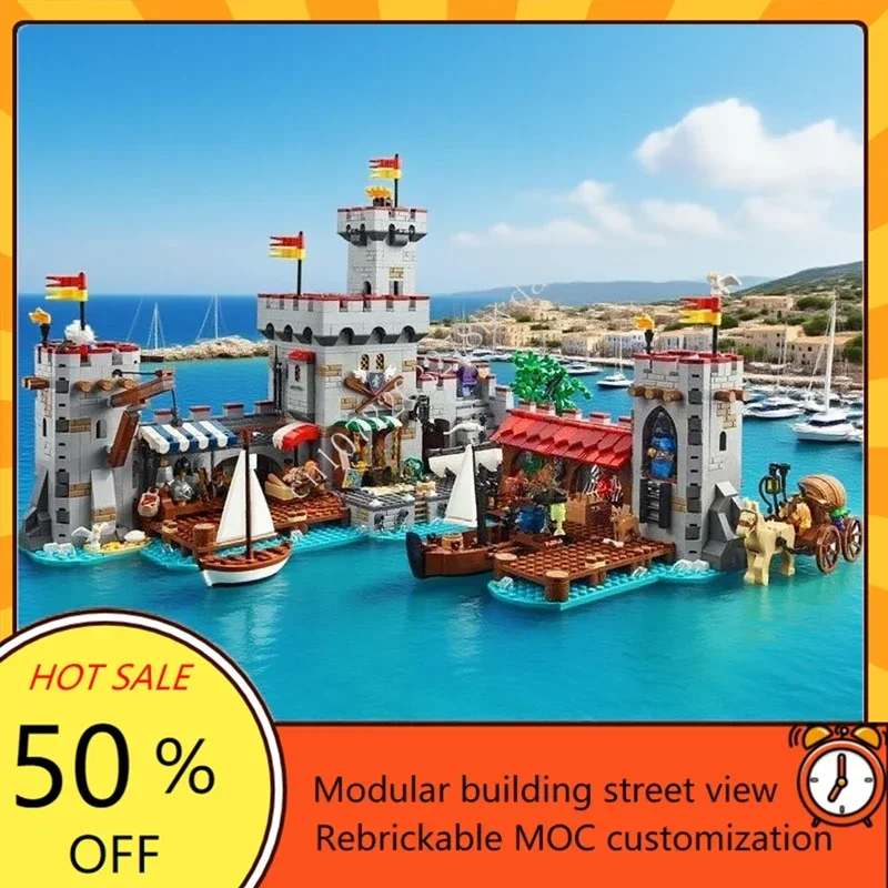 2560PCS Medieval Seaside Market Hot City MOC Puzzle Creative StreetView Architecture Model Birthday Assembly Toy Christmas Gift
