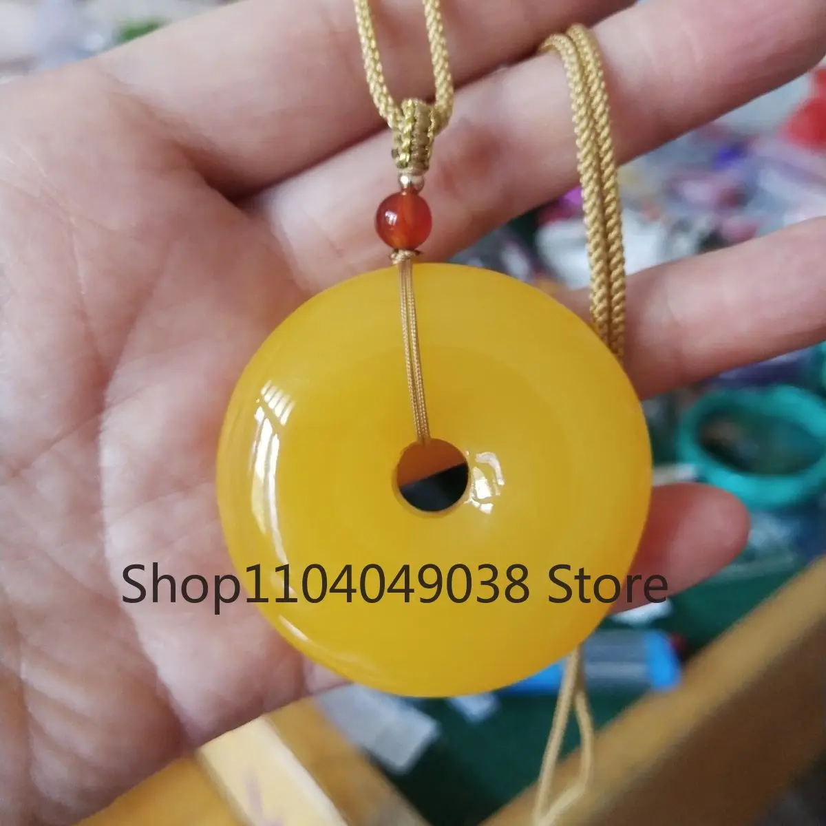 Natural 6mm Mexican Amber Beeswax + 53**53*13mm Amber Annular Ping An Fu Pendant Necklace+ Certificate