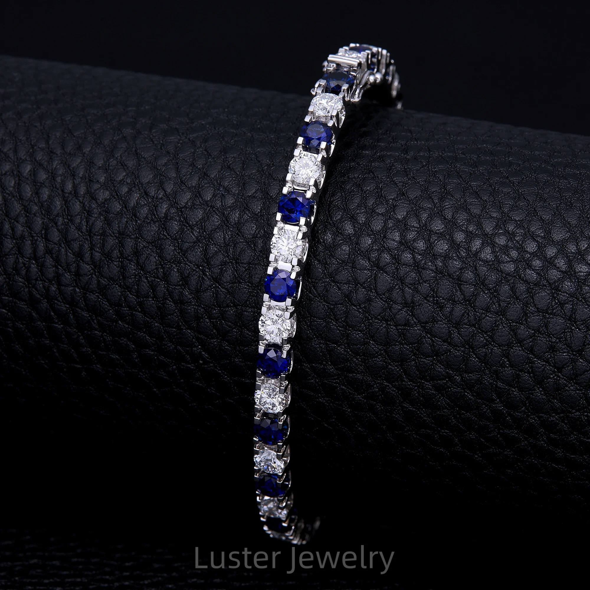 Luster Glamorous 925 Sterling Silver 4mm VVS Round Moissanite Diamond & Royal Blue Lab Sapphire Tennis Bracelet for Women