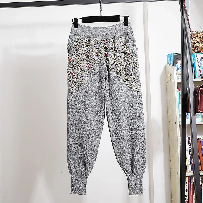 

Black Gray Knitted Two Piece Outfits Women Tracksuits Fashion Loose Beading Tassel Long Sleeve Sweater Pencil Pants Set Female