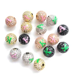 12pcs 10mm A, K Alphabet Initial Letters Micro Pave Round Ball Spacer Beads for Women Bracelet Necklace Jewelry Making Accessory