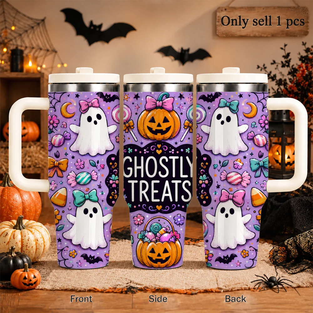 Cute Spooky Season Vacuum Flasks 40oz Leakproof Insulated Tumbler with Handle Straw Lid, Stainless Steel Travel Cup
