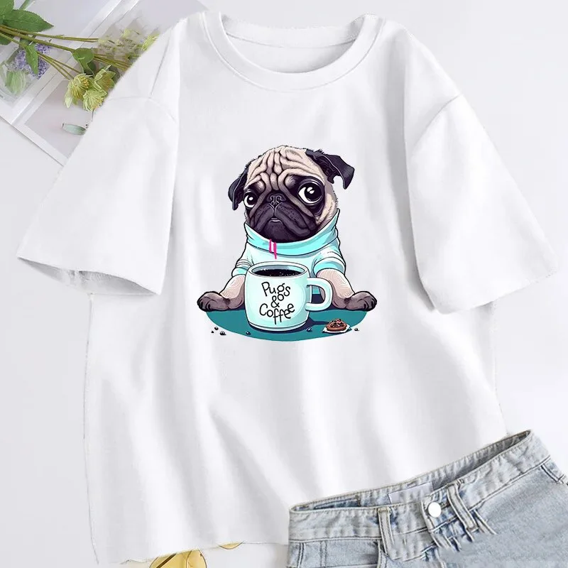 Pugs and Coffee Cotton T-Shirts Funny Dog Print Men Women Casual O-Neck Short Sleeves T Shirt Harajuku Unisex Tees Tops Clothing