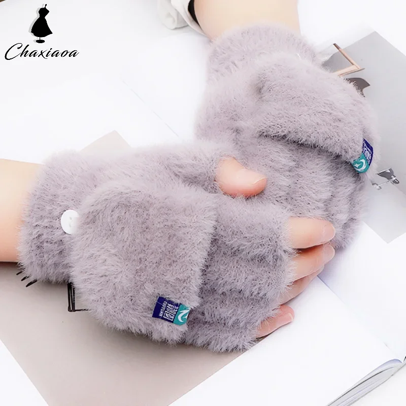 Winter Rabbit Fur Mittens Women Warm Gloves Feamle Girls Flip Plush Glove Fingerless Thicken Warm Mitten Work Gloves Half Finger