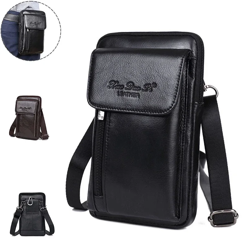 Genuine Leather Men Small Messenger Shoulder Bag High Quality Cell Mobile Phone Case Cross Body Fanny Waist Hook Belt Pack