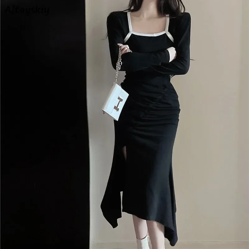 Autumn Dresses Women Square Collar Long Sleeve Sexy Ladies Wrap-hip Irregular Side-slit Elegant Panelled Stylish Slim Slender