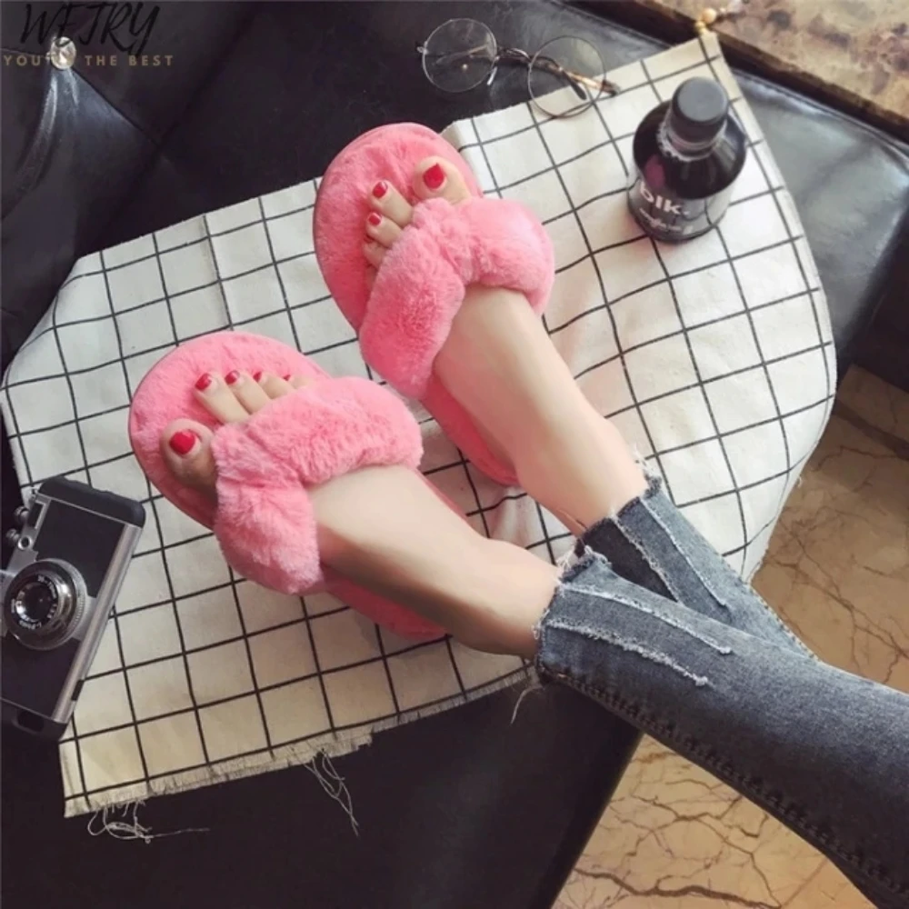 Warm Fluffy Slippers Women Cozy Faux Fur Cross Indoor Floor Slides Flat Soft Furry Shoes Ladies Female Celebrities Flip Flops