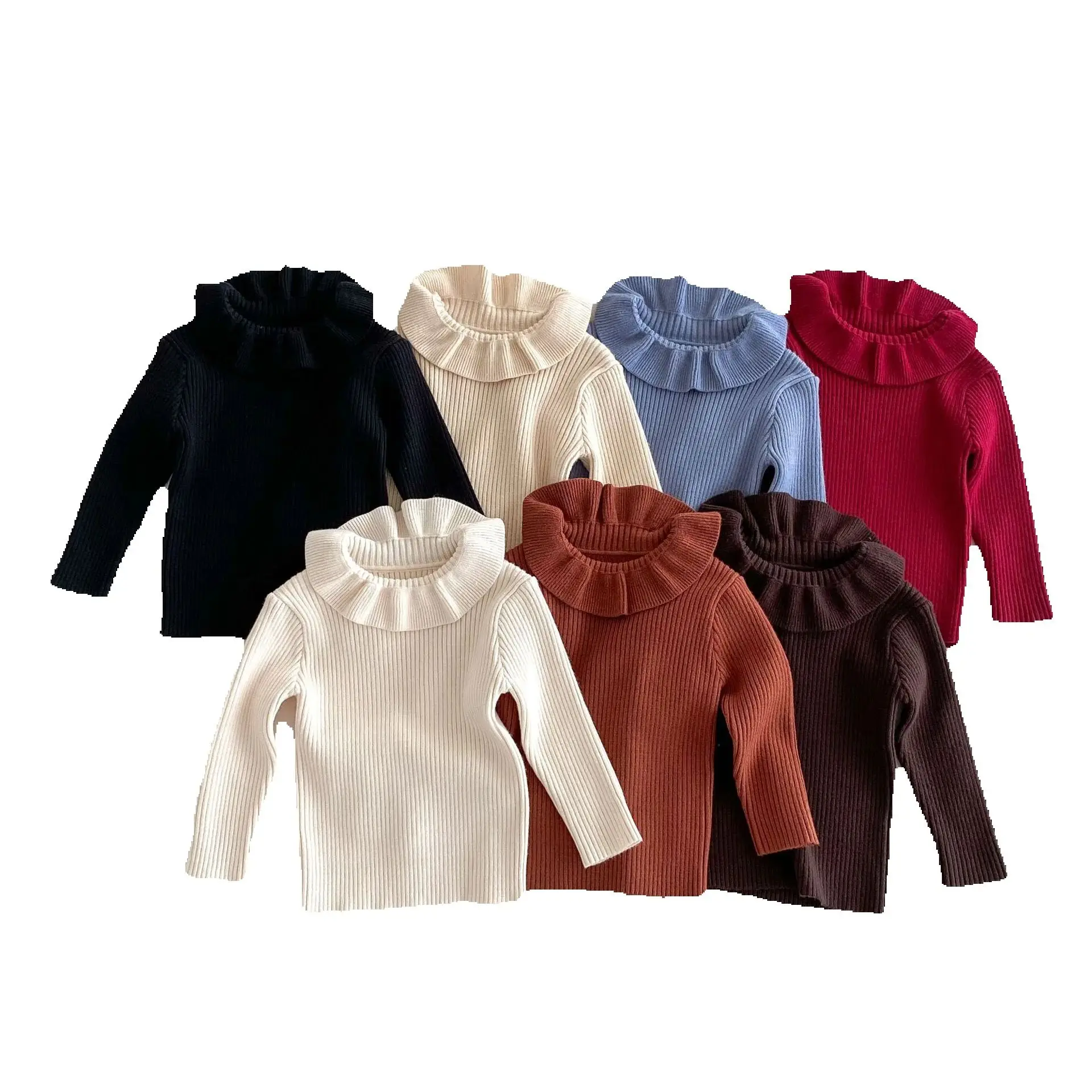 2026 Spring New Bottoming Sweater for Girls 1-6Y Children's Lotus Leaf Collar Knitted Pullover Base Tops Kid's Clothes