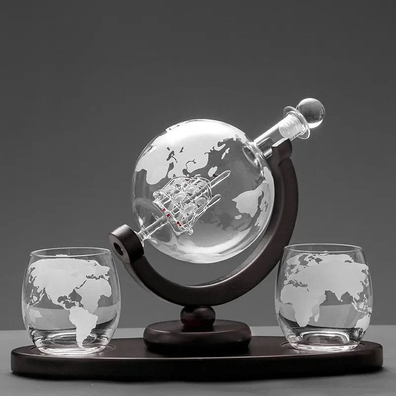 

Whiskey Decanter Glass Set Crystal Globe Whisky Vodka Sailboat in Decanter with Finished Wooden Stand Bar Tools Bartending