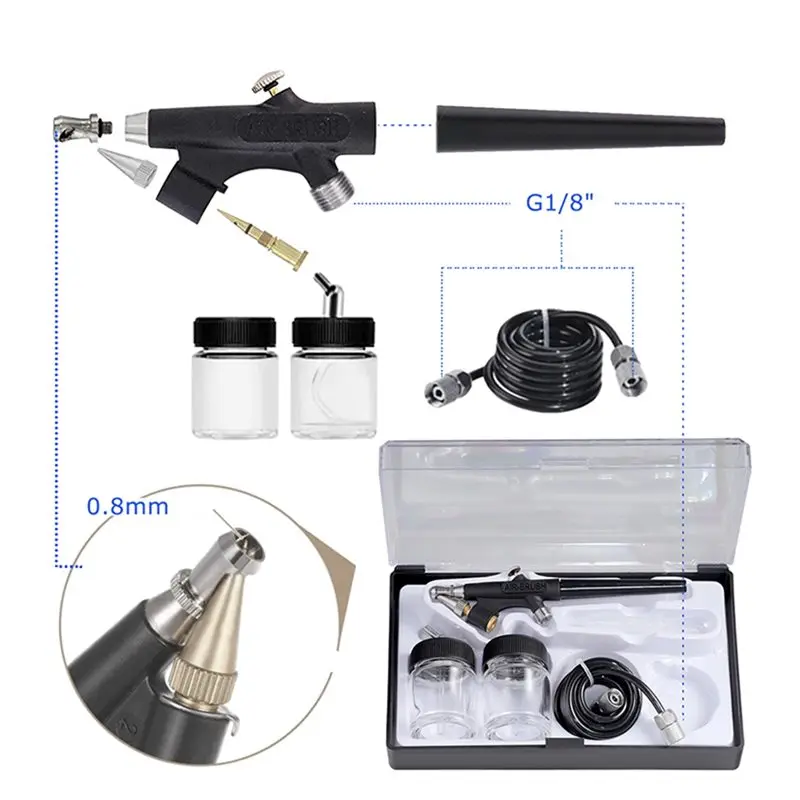 PZHI-Dual-Action Airbrush Pen Set 0.8Mm Siphon Feed Kit With 2 Glass Cups& Hose For Art For Hobby Painting, Model Crafting
