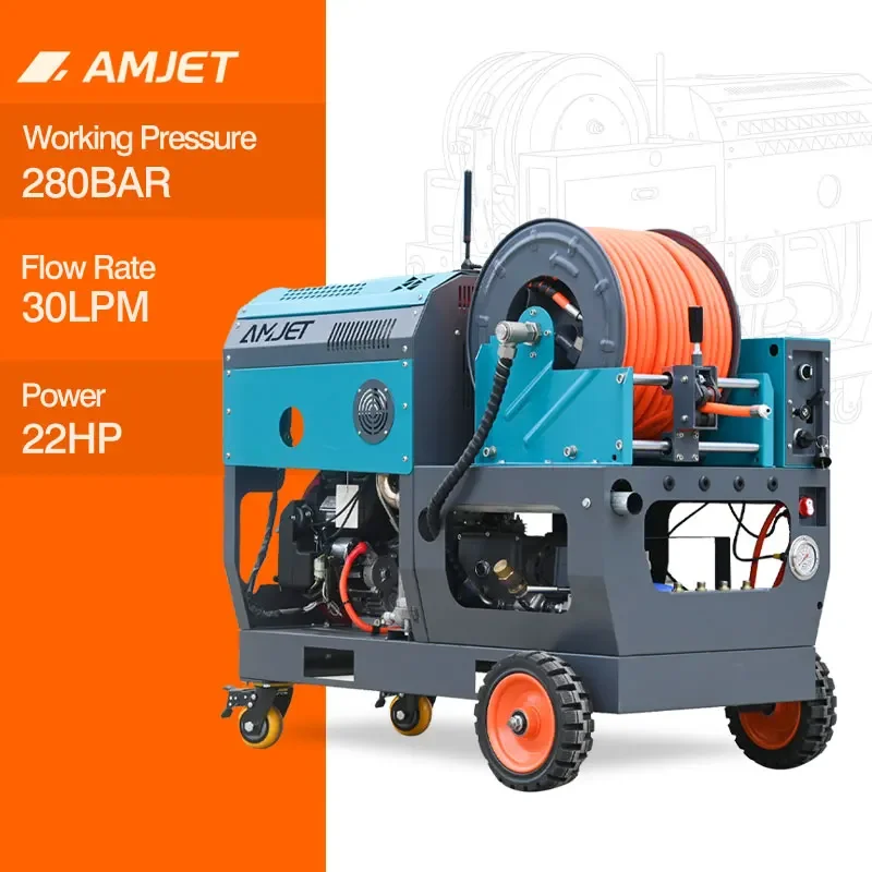 Amjet 4060psi 30lpm Drain Cleaning Machine Sewer Jetter Gaso-line High-pressure Cleaning Machine  Remote Control for Plumber