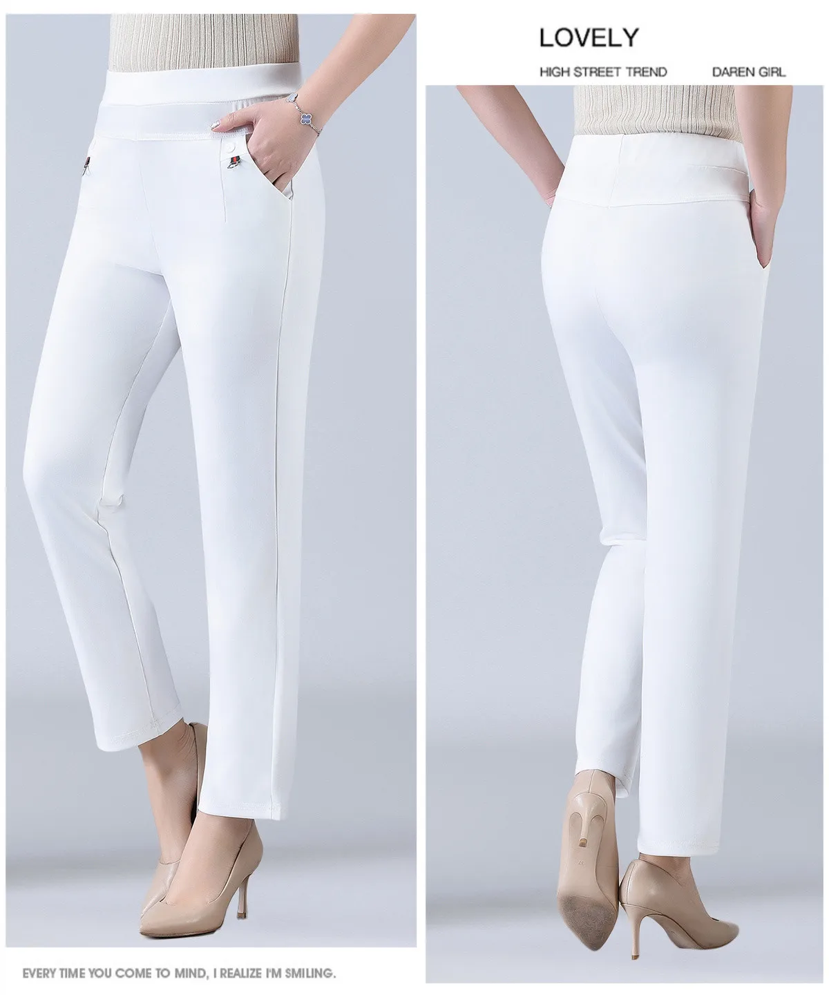 Candy Color Korean Stretch Pants Slim High Waist Straight Pants Women Trouser Patchwork Pocket Casual Thin Classic Pantalones