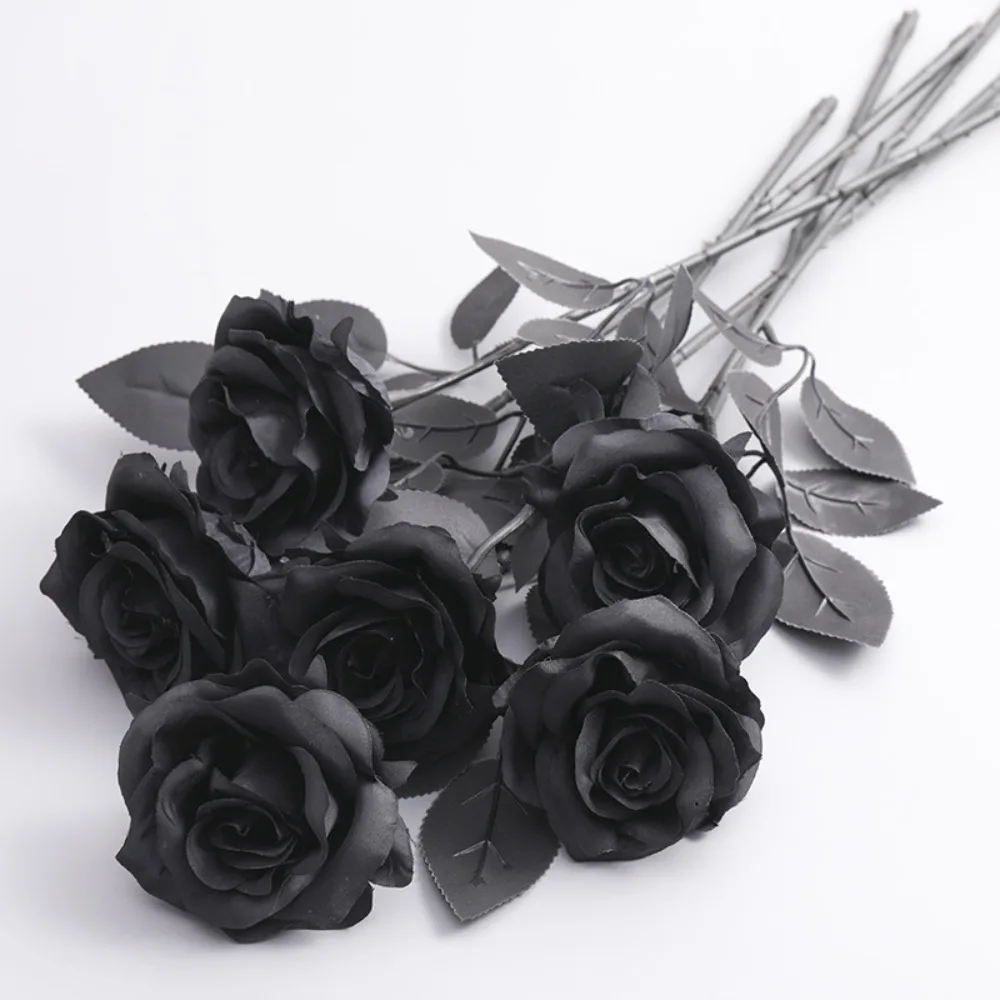 Pure Black Artificial Black Rose Flowers Silk Gothic Style Simulation Rose Bouquet Realistic Fake Rose Flower