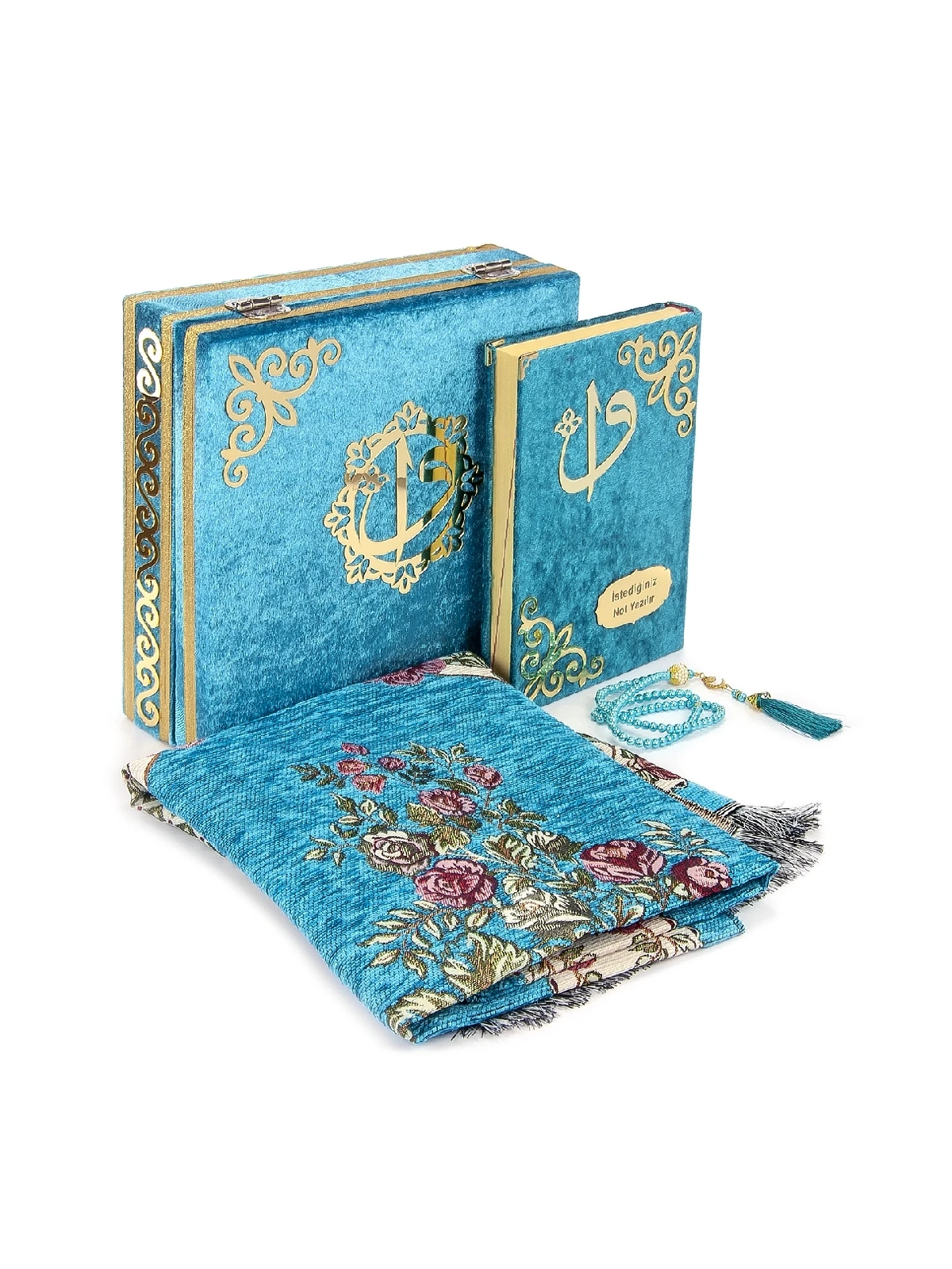 Velvet Covered Box Personalized Gift Quran Set with Prayer Rug Blue