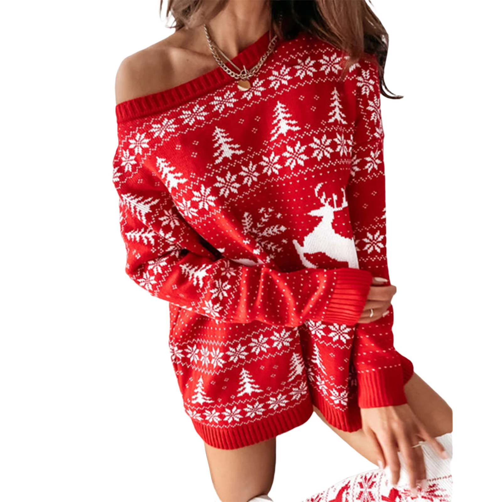 Women Christmas Jacquard Knitted Dress Loose Fit Long Sleeve O-neck Dress for Autumn Winter