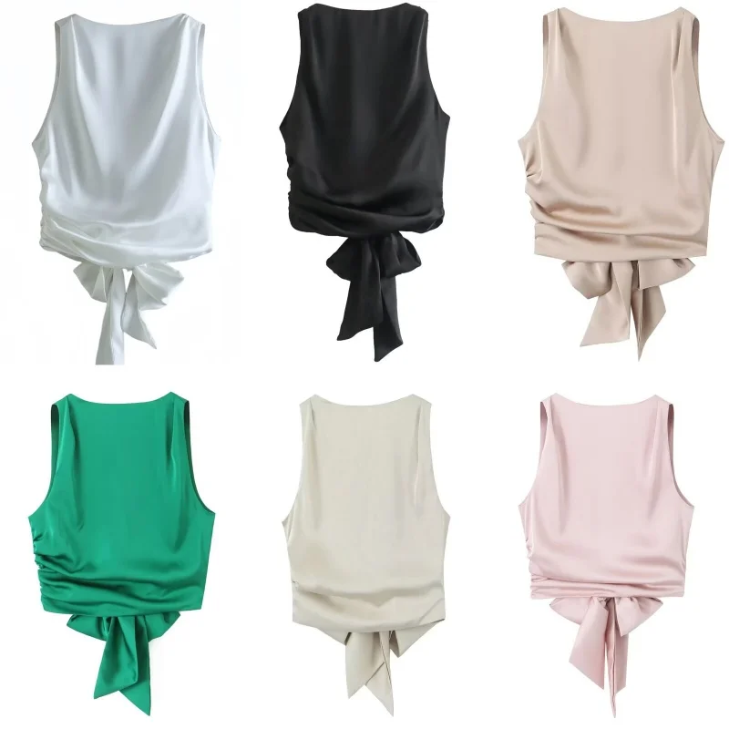 

Summer Solid Color Satin Sleeveless Backless Chic Tank Tops Women Bow Decoration Back Pleated Tops Female Sexy Party Wear 2025