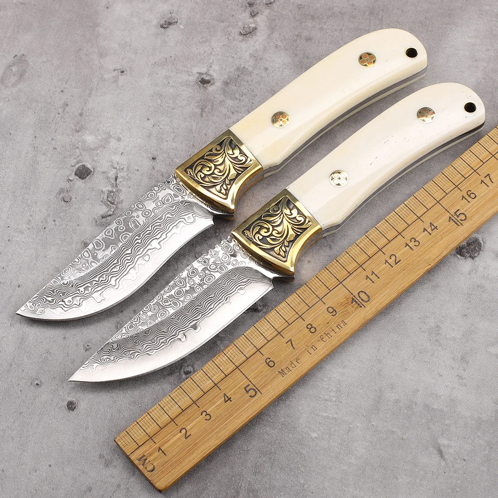 Damascus Steel Blade Cow Bone Handle Wild Survival Outdoor Hunting Mountaineering Fishing Knife EDC Tool