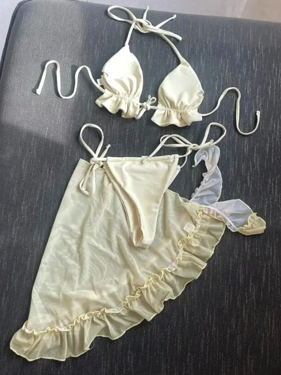 With Mesh Sarong Halter Ruffled Bikini Women Swimwear Female Swimsuit Three-pieces Bikini set Bather Bathing Suit Swim Beachwear