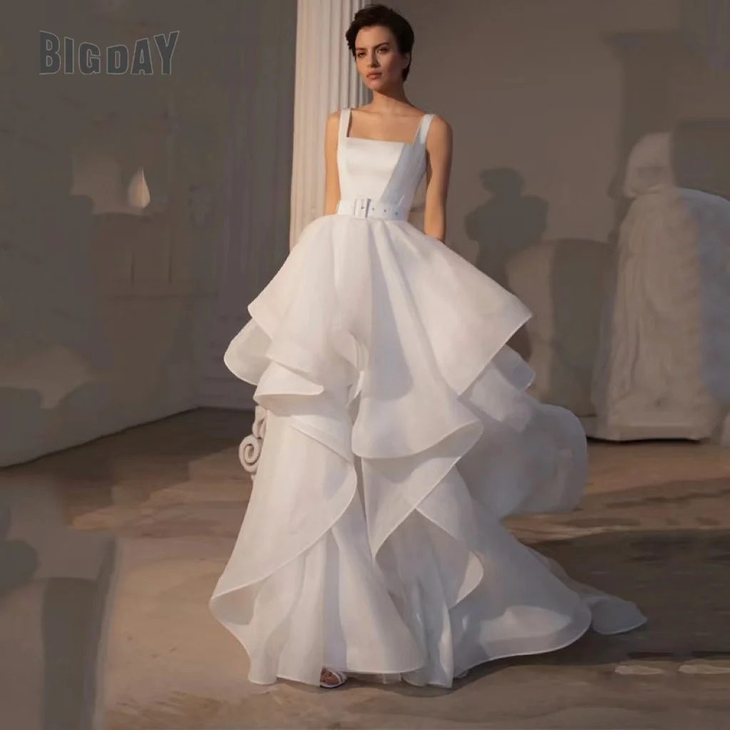 Tulle Ruffles Wedding Dresses For Women Simple Sleeveless Open Back Bridal Gown A-Line Tulle Train Vestido De Novia Customized