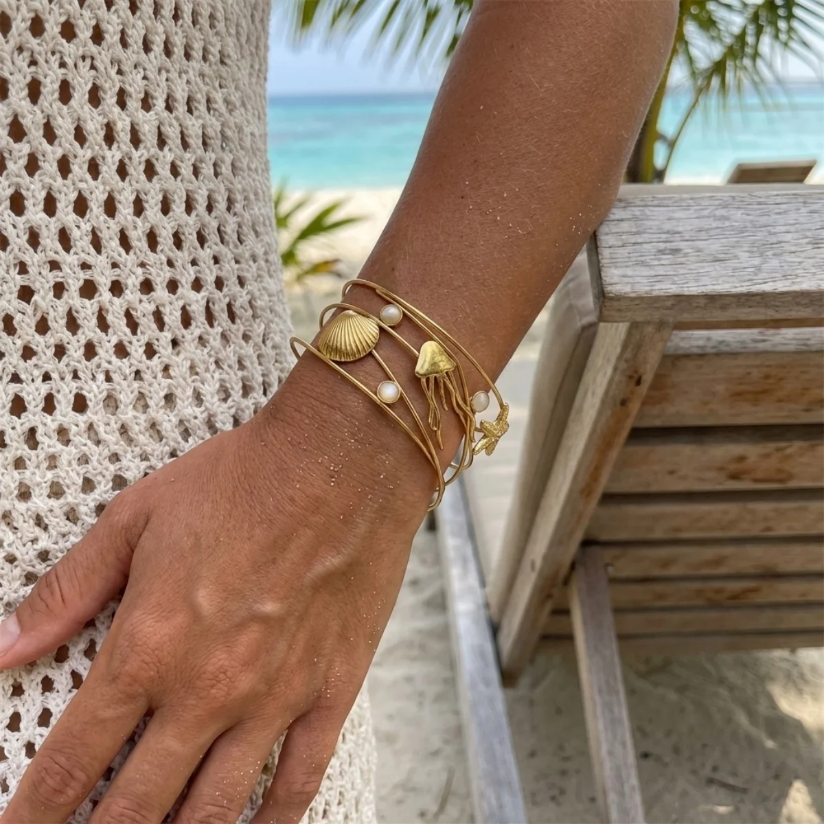 

Stainless Steel Starfish Shell Jellyfish Multi-Line Cuff Bracelet For Women Men Seahorse Sun Turtle Spiral Bangle Summer Jewelry