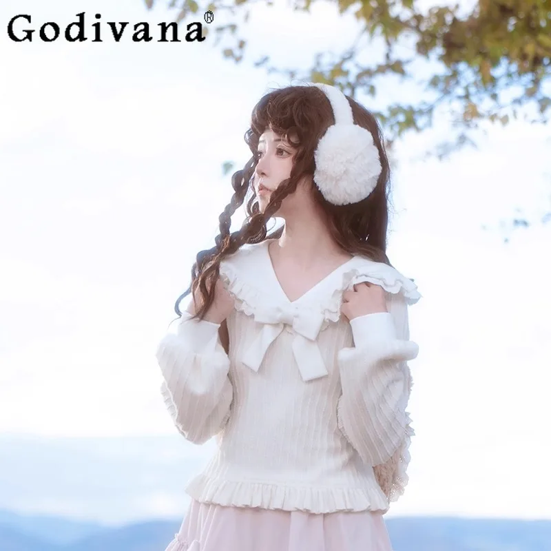 

Elegant Lady Japanese Original Lolita Apricot Lace Doll Collar Bow Top Autumn Winter Lantern Sleeve Knitted Top Versatile Set