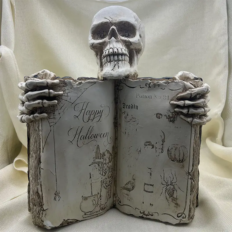 

Creative Halloween retro horror glowing skull book ornament