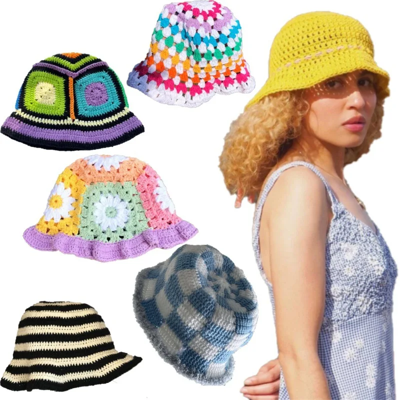 Winter Colorful Handmade Basin Hat Women Men Crochet Bucket Hat Panama Cap Rainbow Flower Knitted Hat Korean Style Beanies